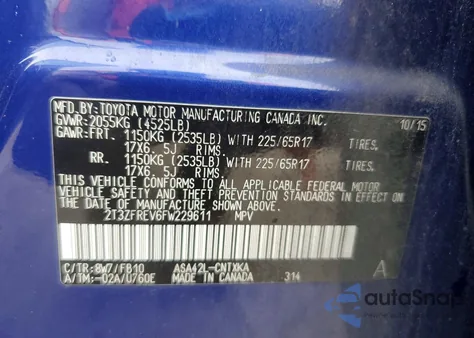 2015 Toyota Rav4 Le z USA, uszkodzony, nr VIN 2T3ZFREV6FW229611